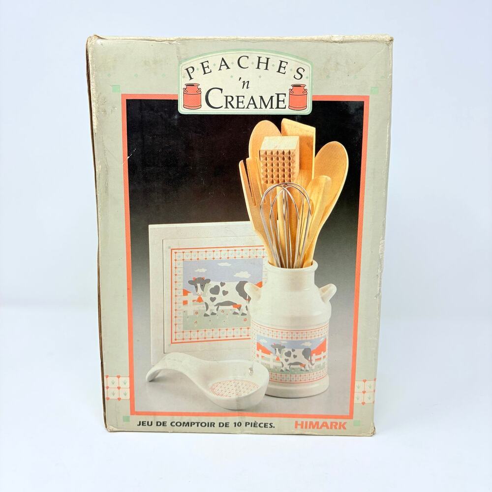 Vtg 80s Himark Peaches N Cream Cow Canister Utensils Trivet NOS Cottagecore - Picture 2 of 16